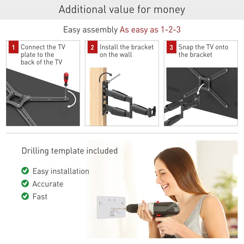 Barkan TV Wall Mount, 13-65 inch Full Motion Articulating - 4 Movement Long Premium Flat/Curved Screen Bracket, up to 80 lbs, Extremely Extendable, Lifetime Limited Warranty,Fits LED OLED LCD - Image 4